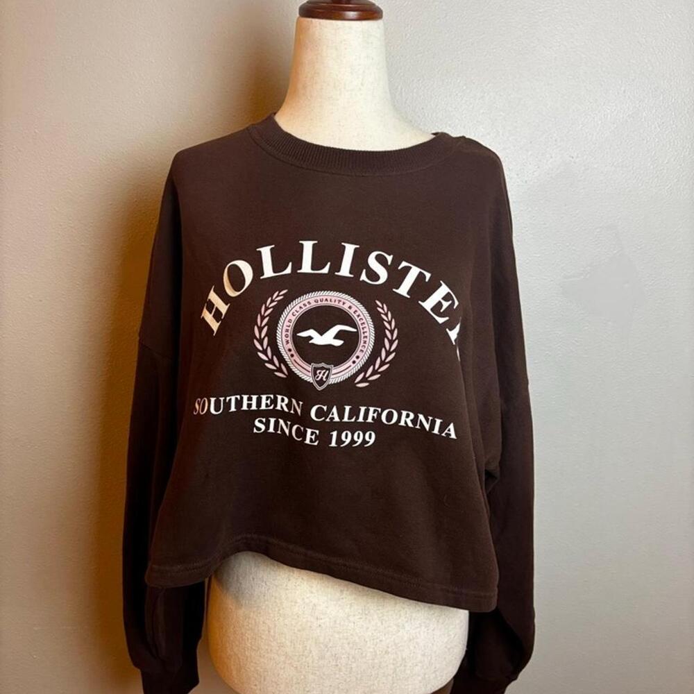 Hollister Cropped Sweatshirt Brown Graphic Long Sleeve Size M